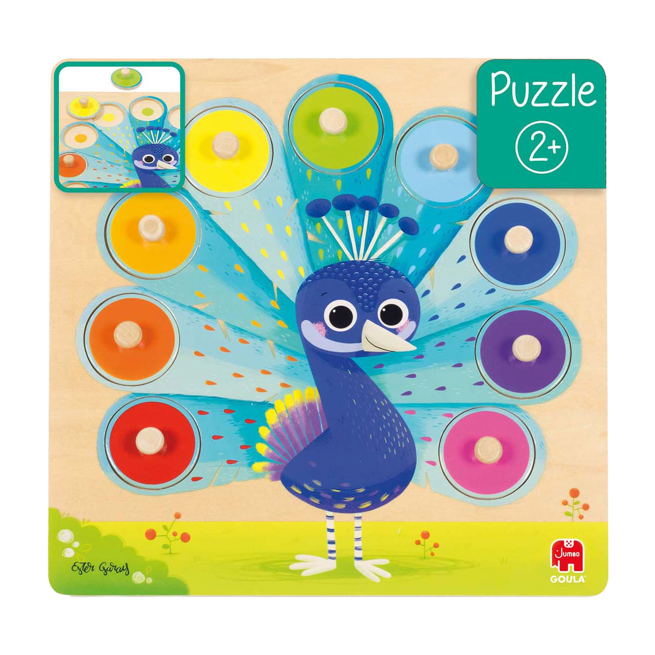 Jumbo Goula - Houten Noppenpuzzel Pauw, 9st.