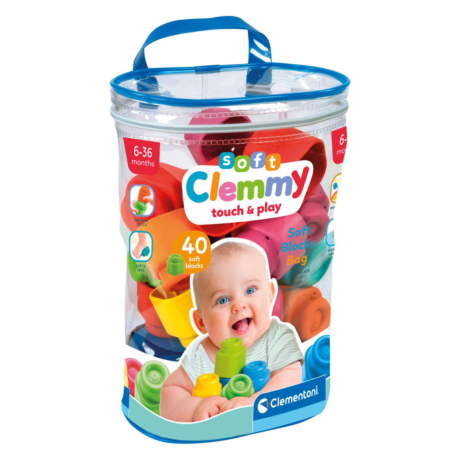 Clementoni Baby Soft Clemmy Blocs avec sac de rangement, 40 pièces.