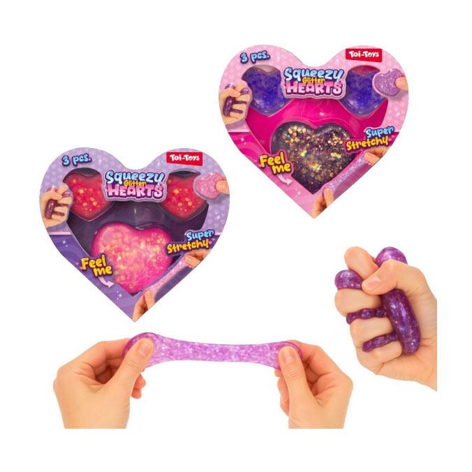 Figurines à presser en forme de cœur à paillettes - 3 pièces.