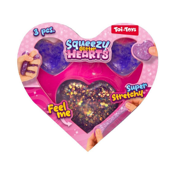 Figurines à presser en forme de cœur à paillettes - 3 pièces.