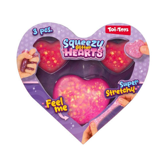 Figurines à presser en forme de cœur à paillettes - 3 pièces.