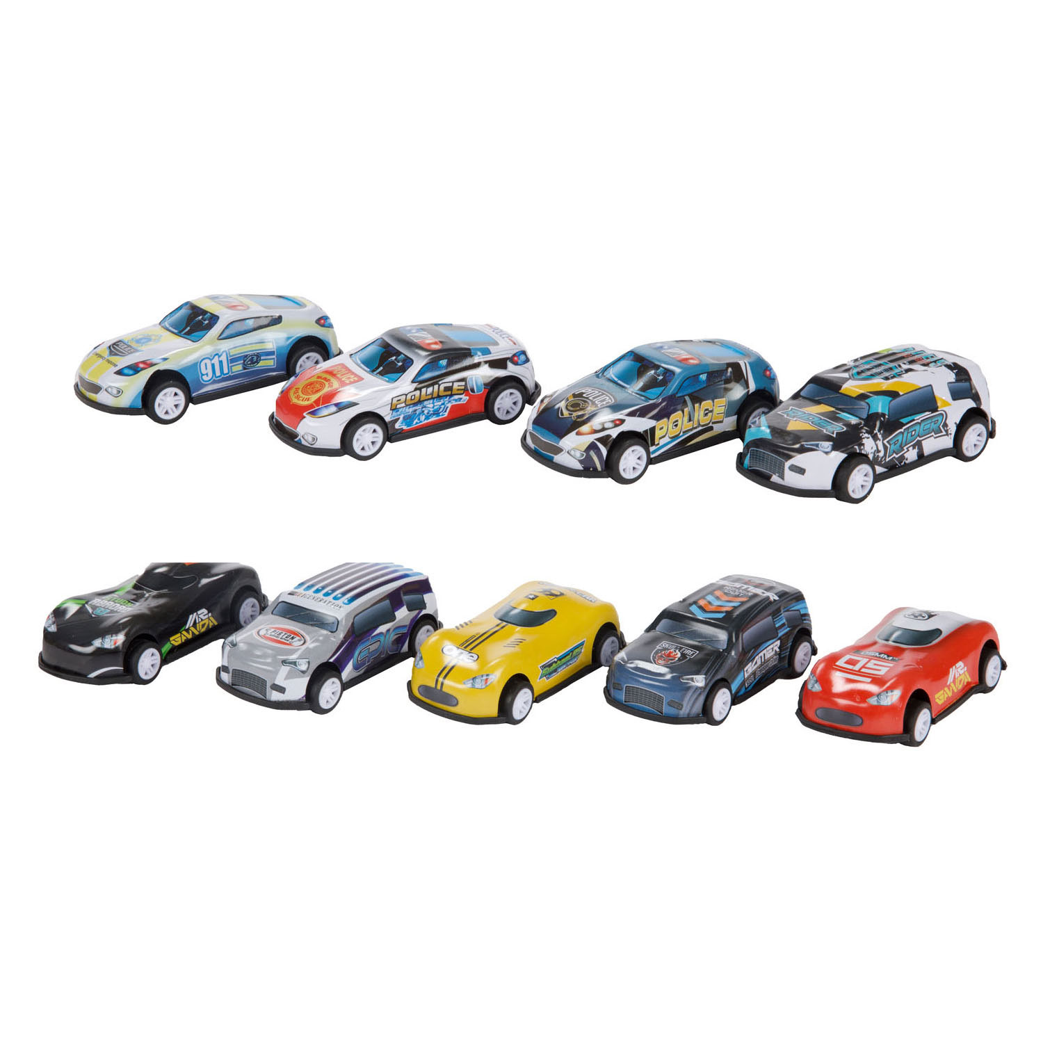 Turbo Racers Metalen Pull Back Auto's - 9st.