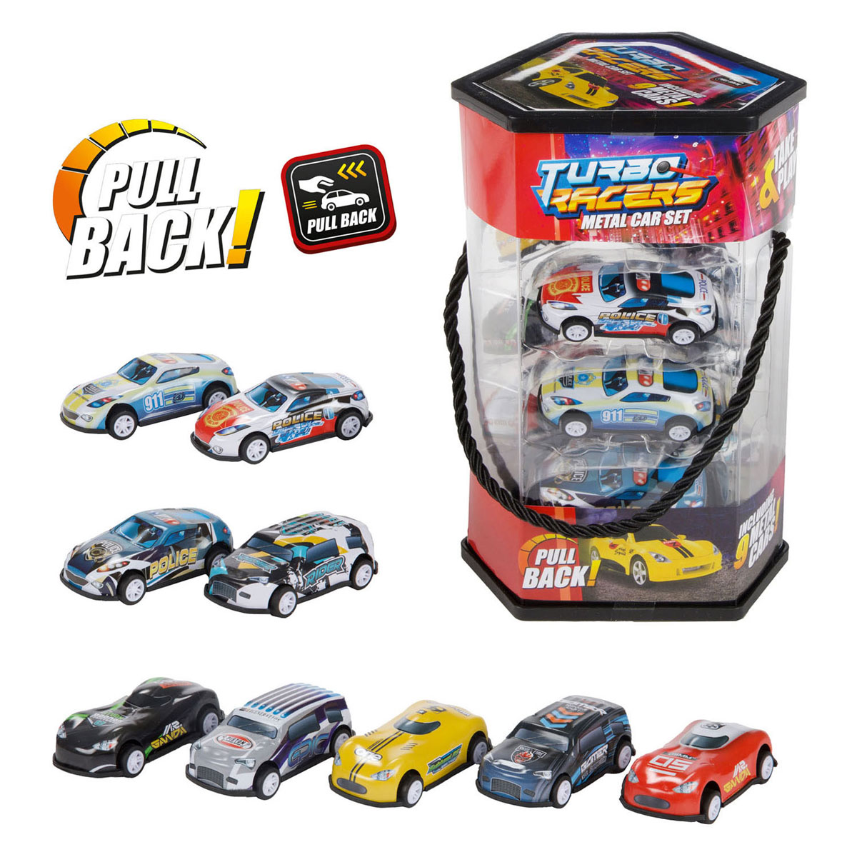 Turbo Racers Metalen Pull Back Auto's - 9st.