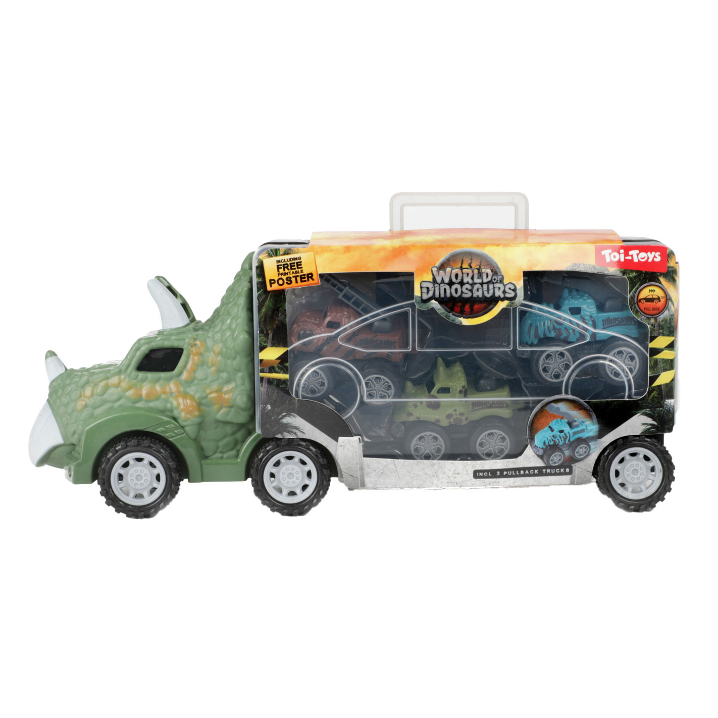 World of Dinosaurs Dinotruck met 3 Pull-back Auto's
