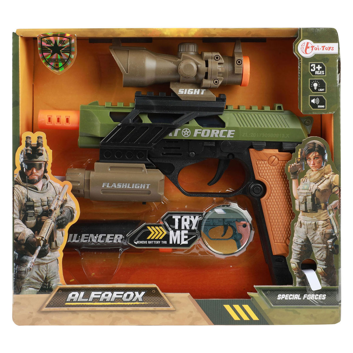 Alfafox Militärpistole mit Licht und Ton und Taschenlampe