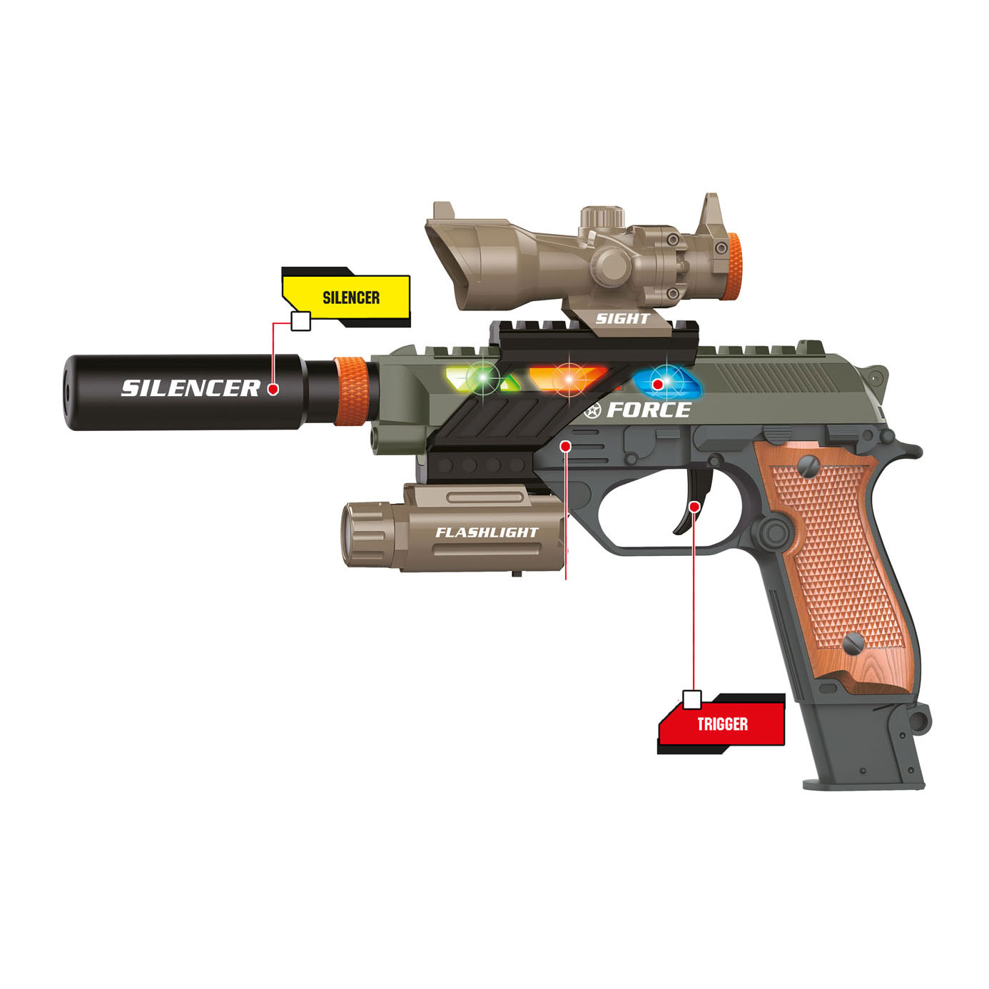 Alfafox Militärpistole mit Licht und Ton und Taschenlampe