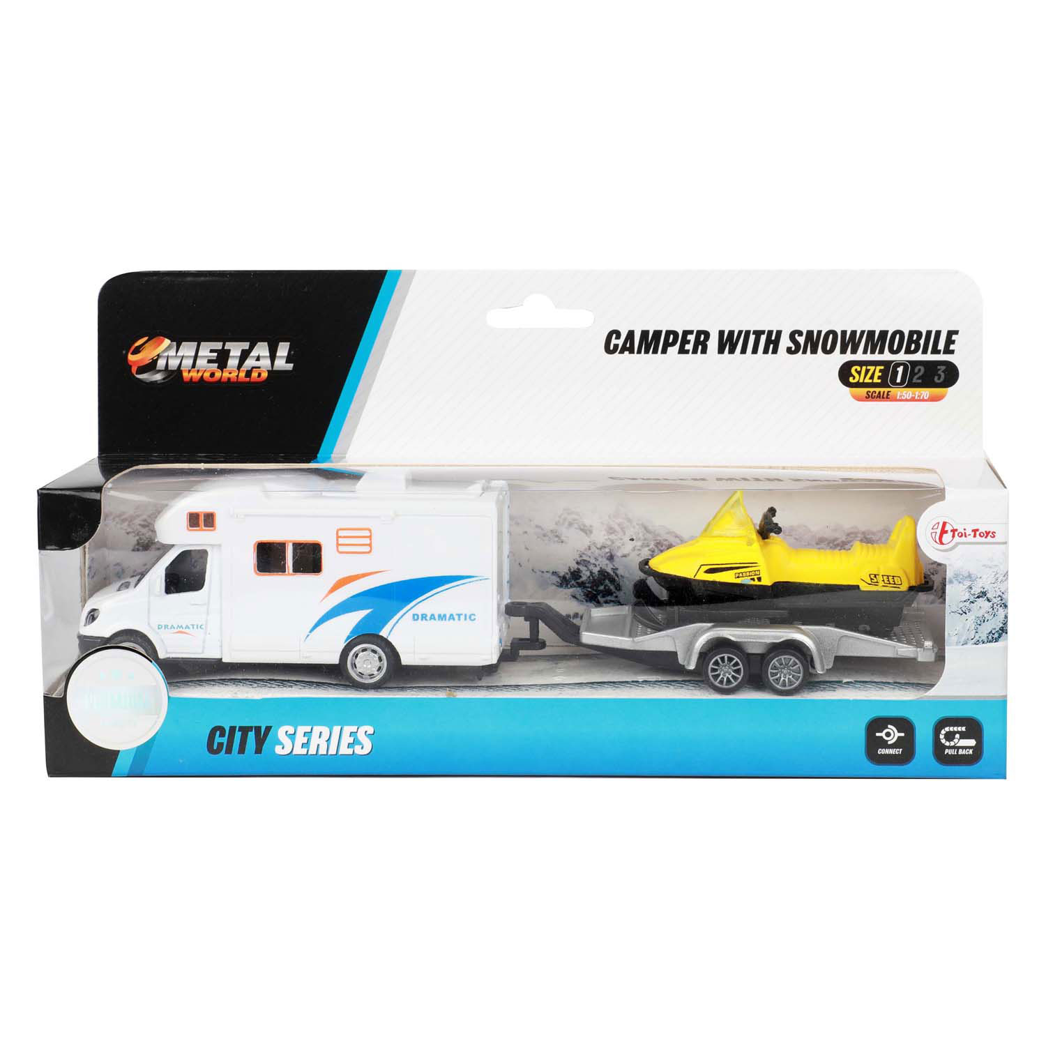 Metalen Pull Back Camper met Aanhanger en Sneeuwscooter