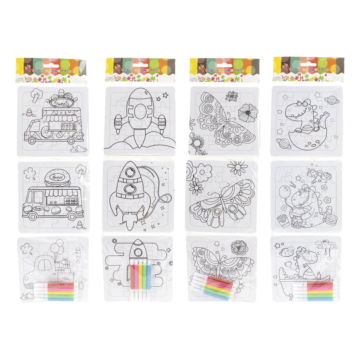 Kleur je eigen Puzzeltjes- 3 puzzeltjes + 5 stiften