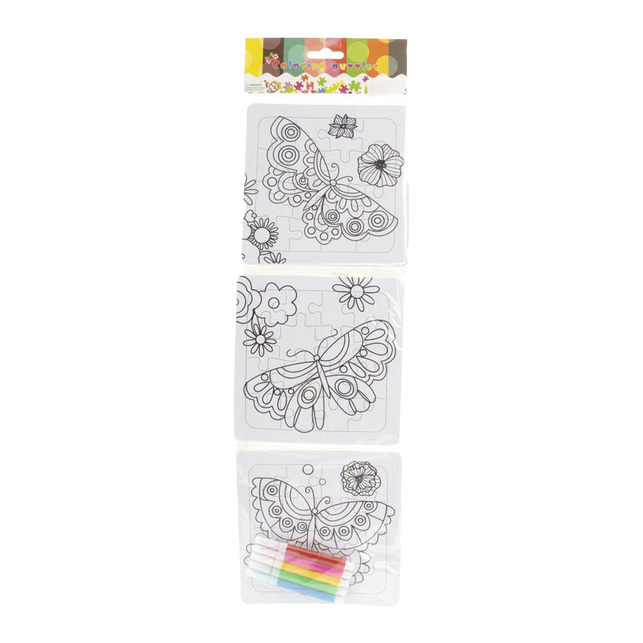Kleur je eigen Puzzeltjes- 3 puzzeltjes + 5 stiften