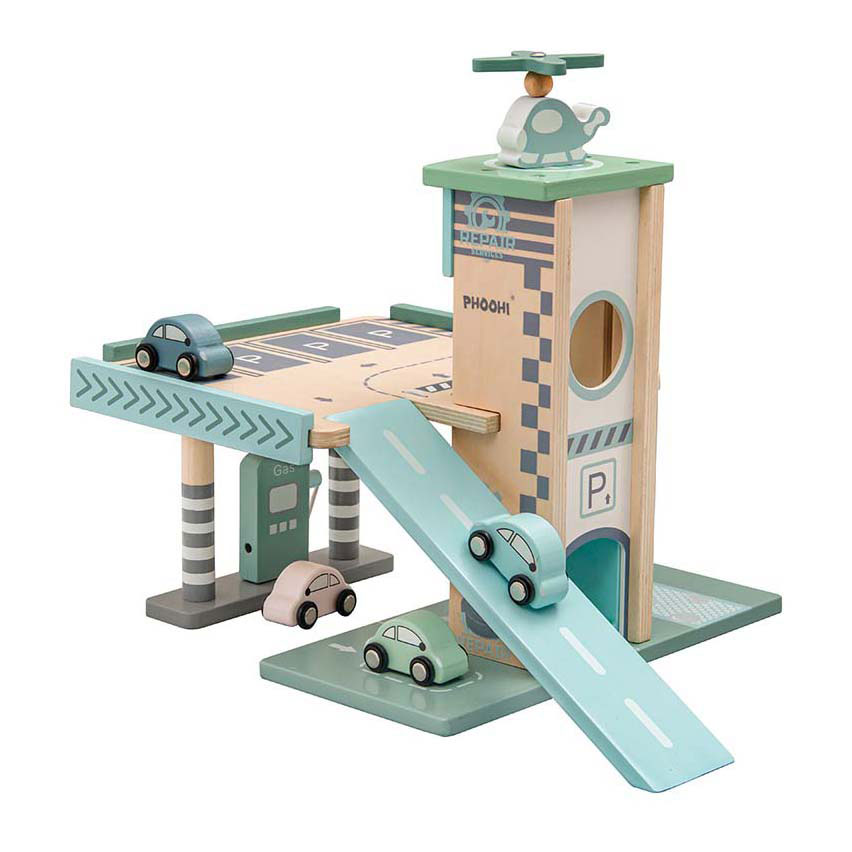 Pastelkleurige Houten Parkeergarage en Tankstation met Lift