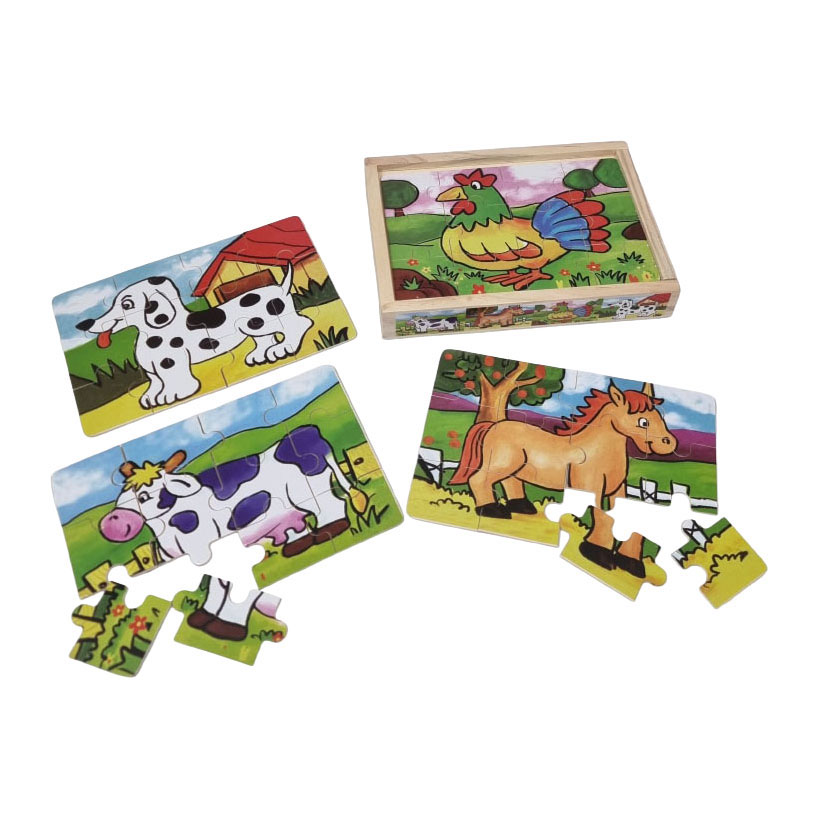 Vier Houten Legpuzzels in Kist - 12 Stukjes