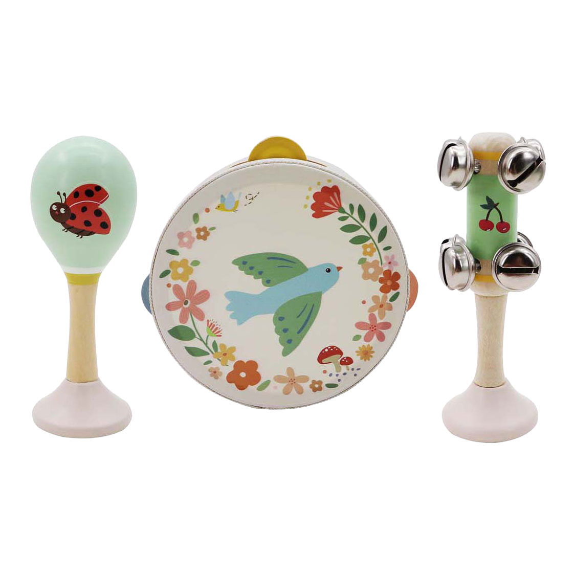 Musikinstrumente aus Holz mit Vogelmotiven – 3-teilig