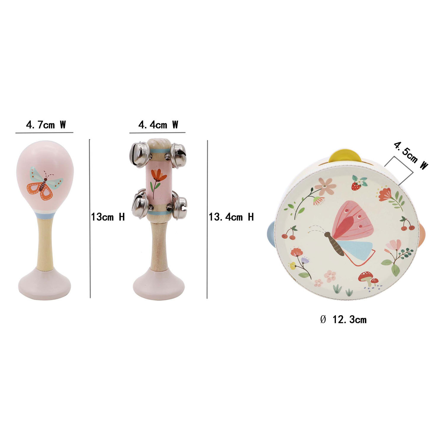 Musikinstrumente aus Holz mit Vogelmotiven – 3-teilig