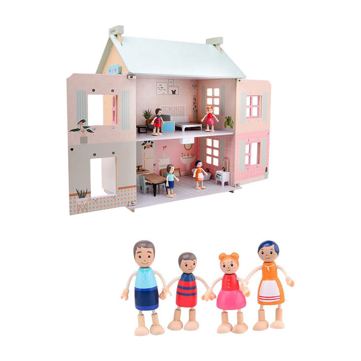 Maison de poupée en bois Joueco - comprenant 15 meubles et 4 poupées