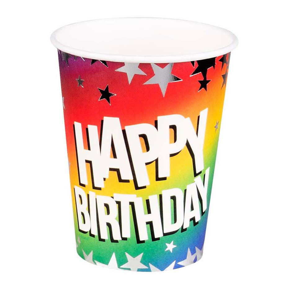 Papieren Bekers Happy Birthday 210ml, 10st.