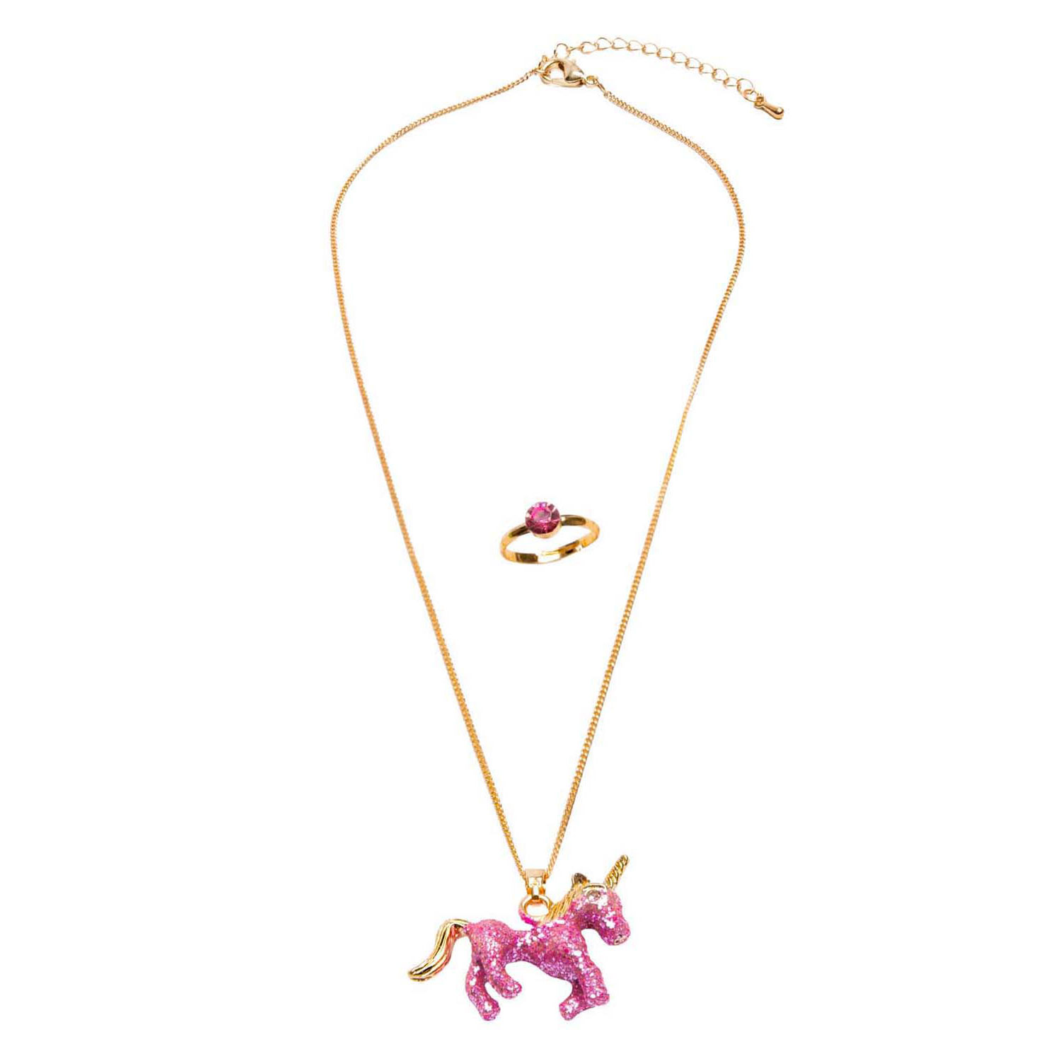 Ensemble de bagues et collier licorne rose pailleté - 2 pièces.