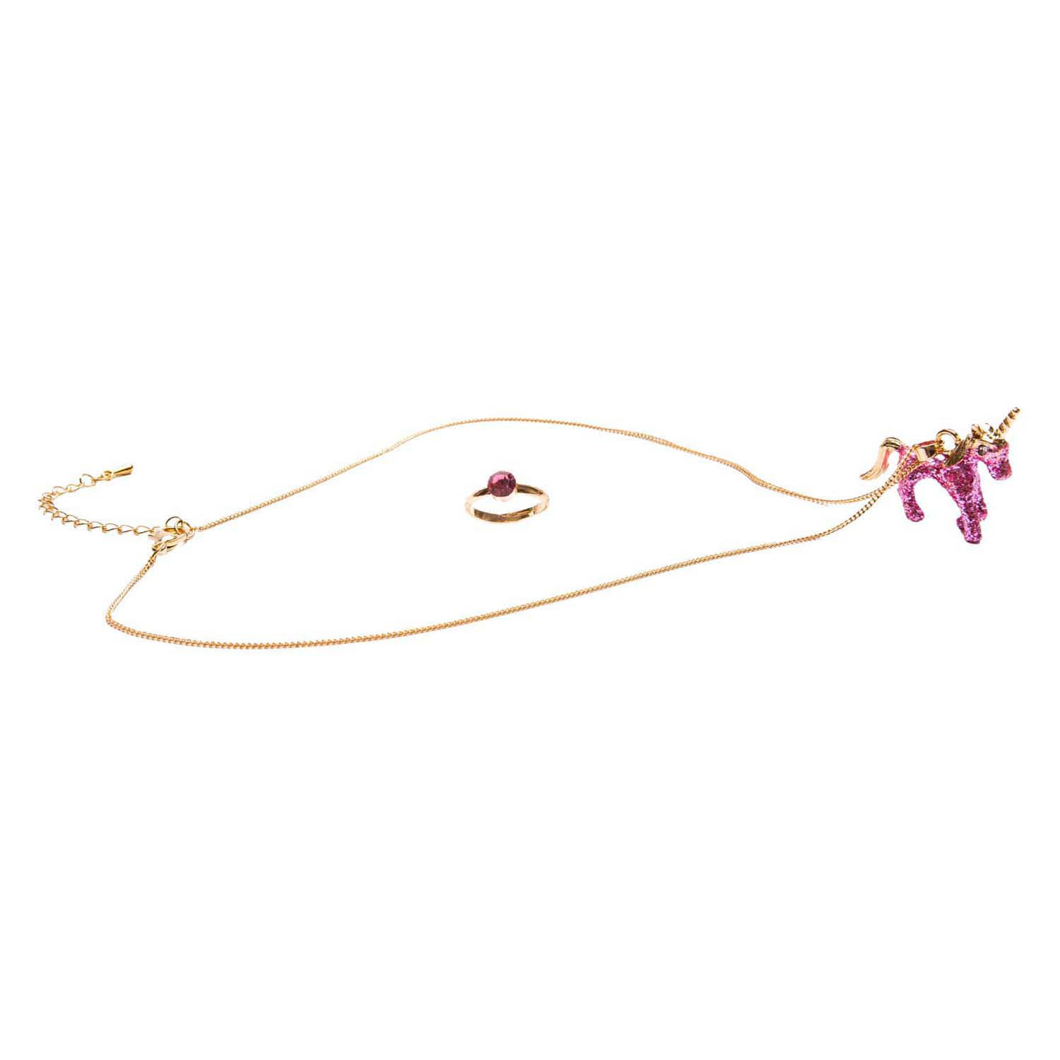 Ensemble de bagues et collier licorne rose pailleté - 2 pièces.