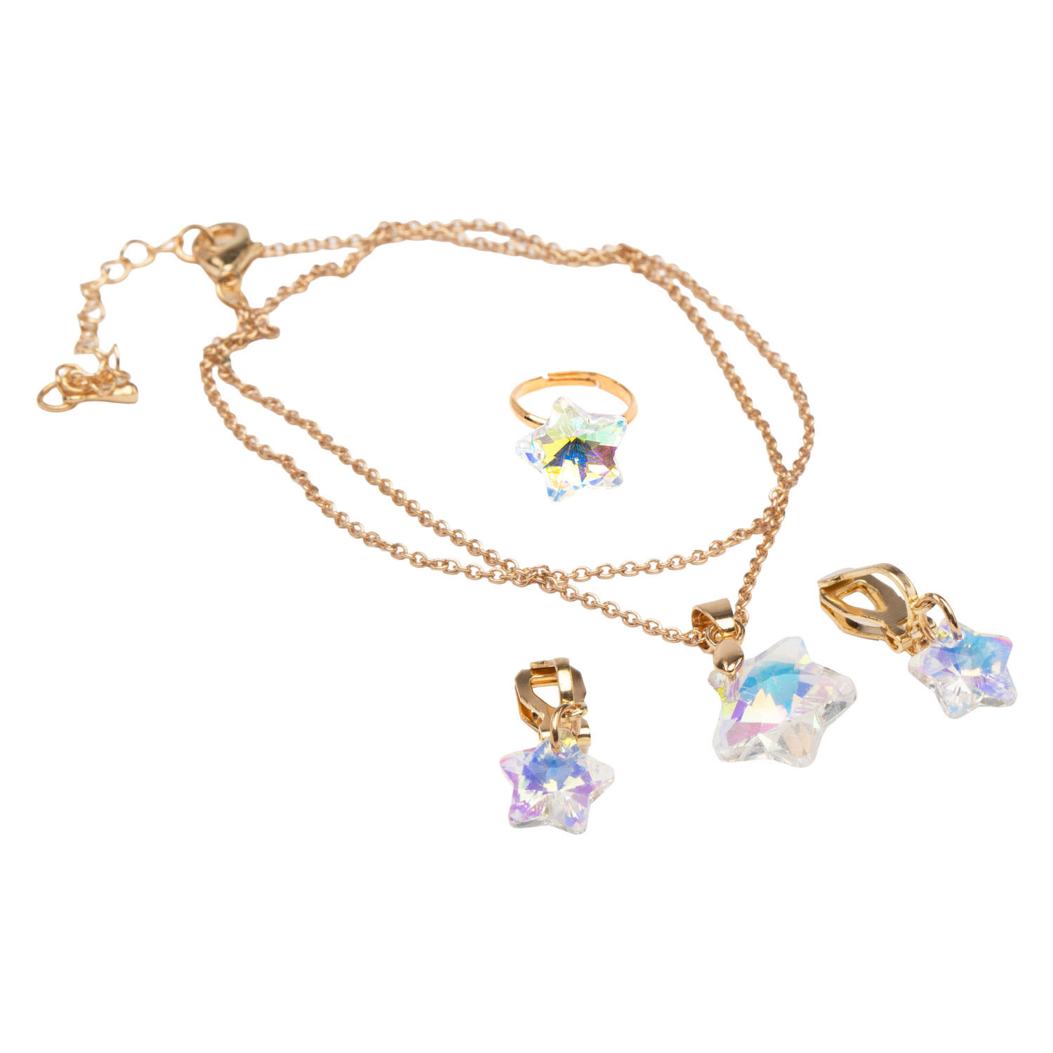 Collier de créateur orné d'une étoile holographique, assorti à une bague et des boucles d'oreilles assorties.