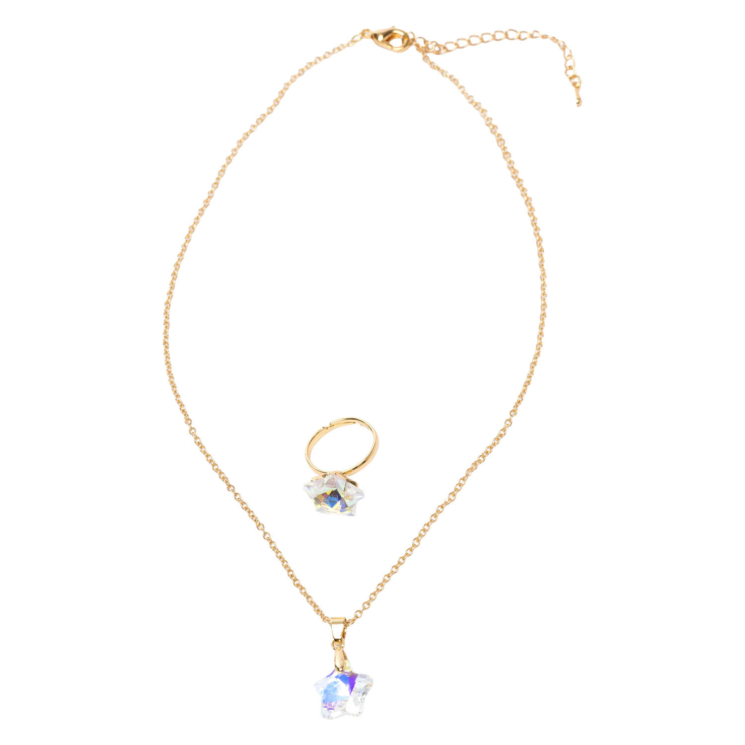 Collier de créateur orné d'une étoile holographique, assorti à une bague et des boucles d'oreilles assorties.