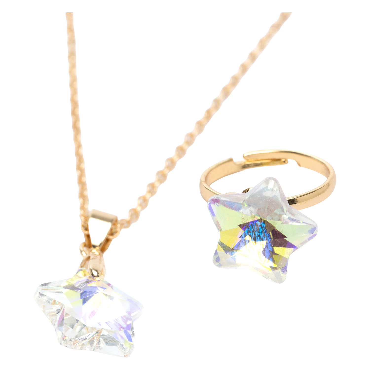 Collier de créateur orné d'une étoile holographique, assorti à une bague et des boucles d'oreilles assorties.