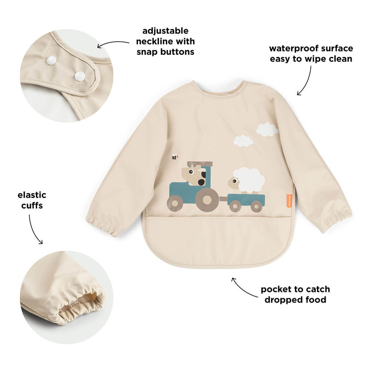 Bavoir à manches et poche de rangement pour cerf Tiny Farm - Sable