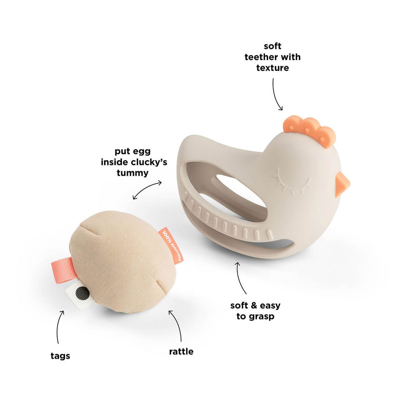 Done by Deer Grijp- en Bijtspeelgoed met Rammelaar Clucky - Zand