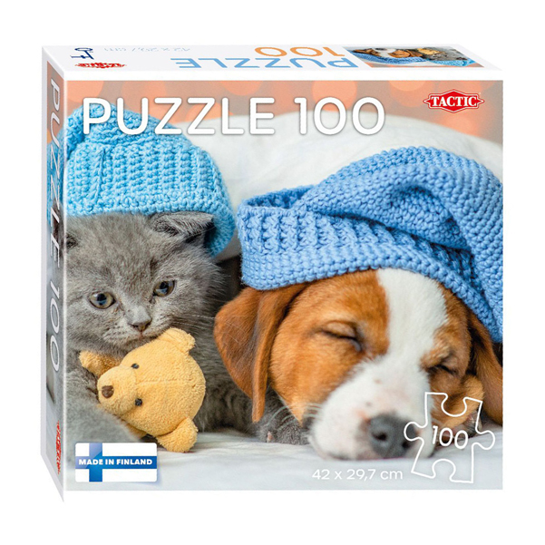 Puzzle Süßes Kätzchen und schläfriger Hund, 100 Teile.