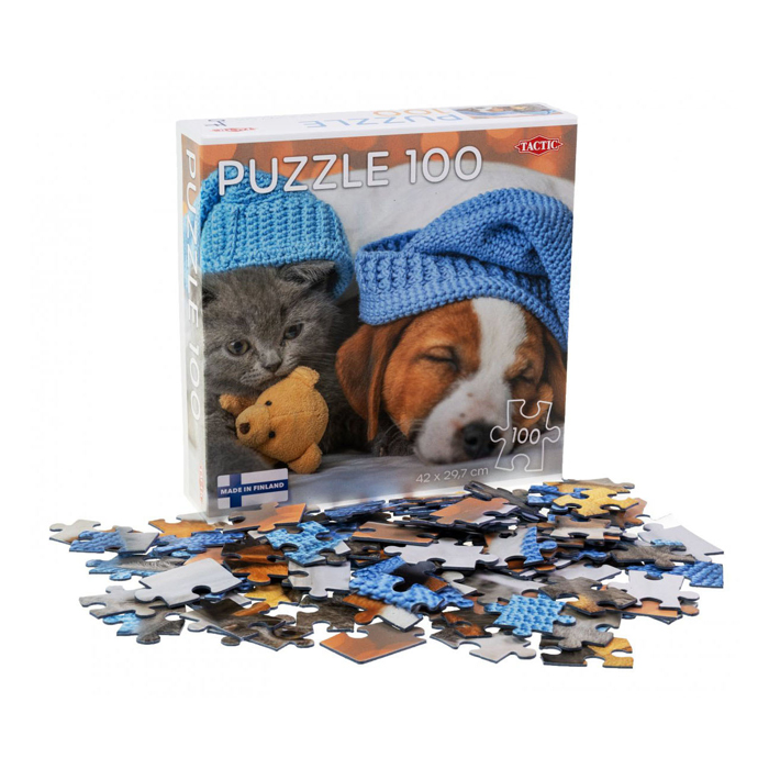 Puzzle Süßes Kätzchen und schläfriger Hund, 100 Teile.