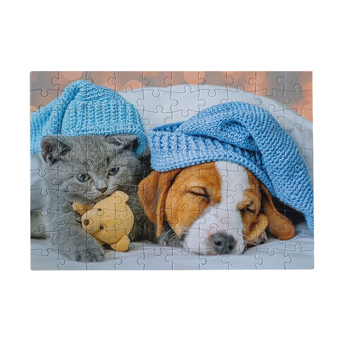 Puzzle Chaton mignon et chien endormi, 100 pièces.