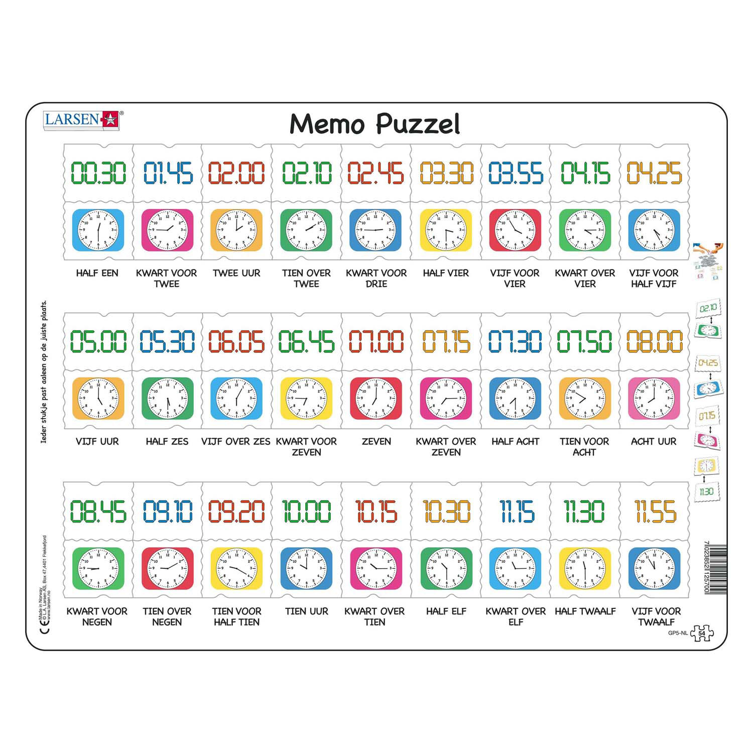 Larsen Memopuzzel Leren Klokkijken Traditionele en digitale klok , 54st.