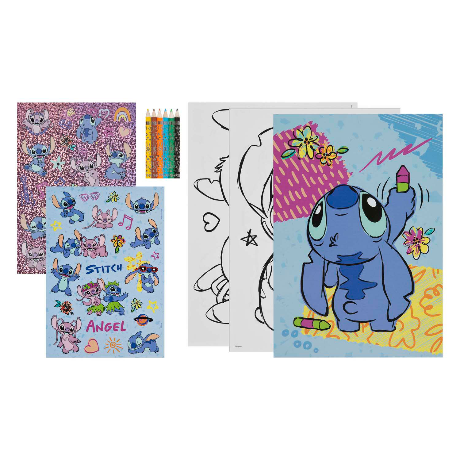 Kleurblok Stitch met Kleurpotloden en Stickers