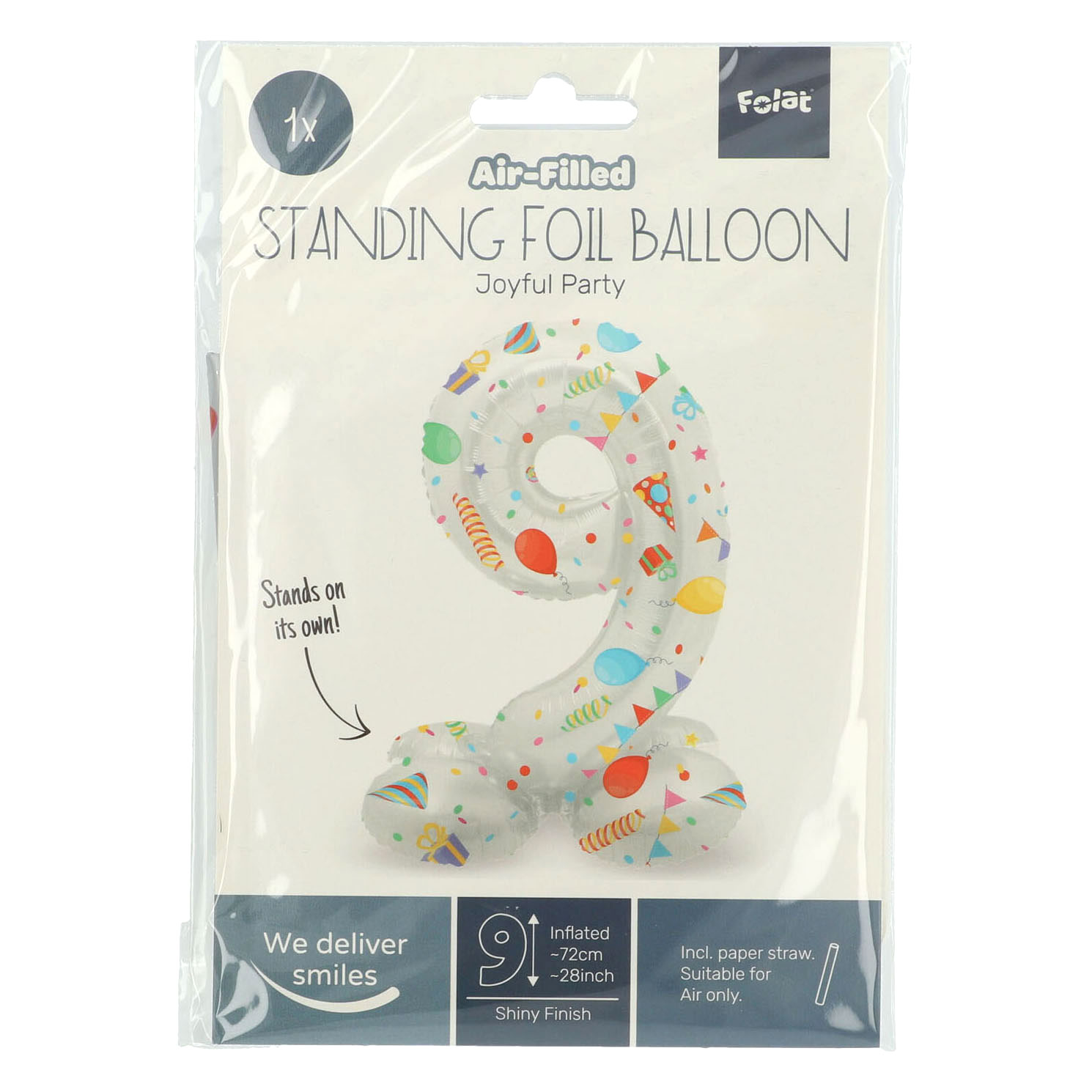 Stehender Folienballon Joyful Party Nummer 9 -72cm