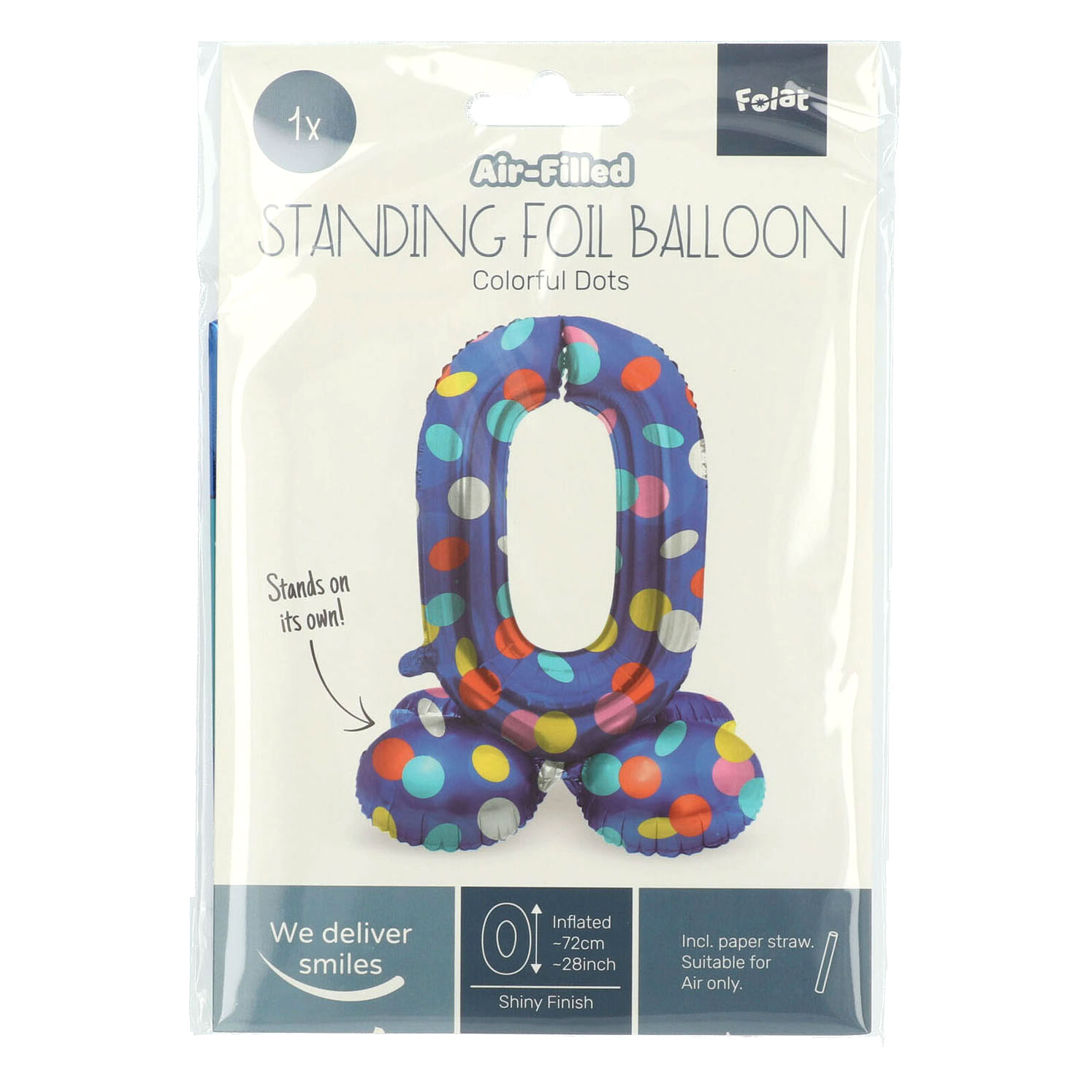 Stehender Folienballon Bunte Punkte Zahl 0 - 72cm
