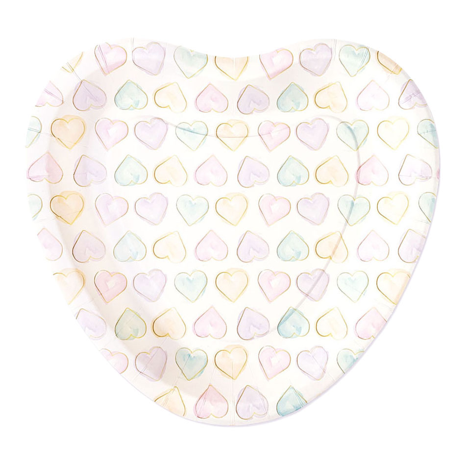 Assiettes en papier 23 cm en forme de cœur, aquarelles de cœurs - 8 pièces.
