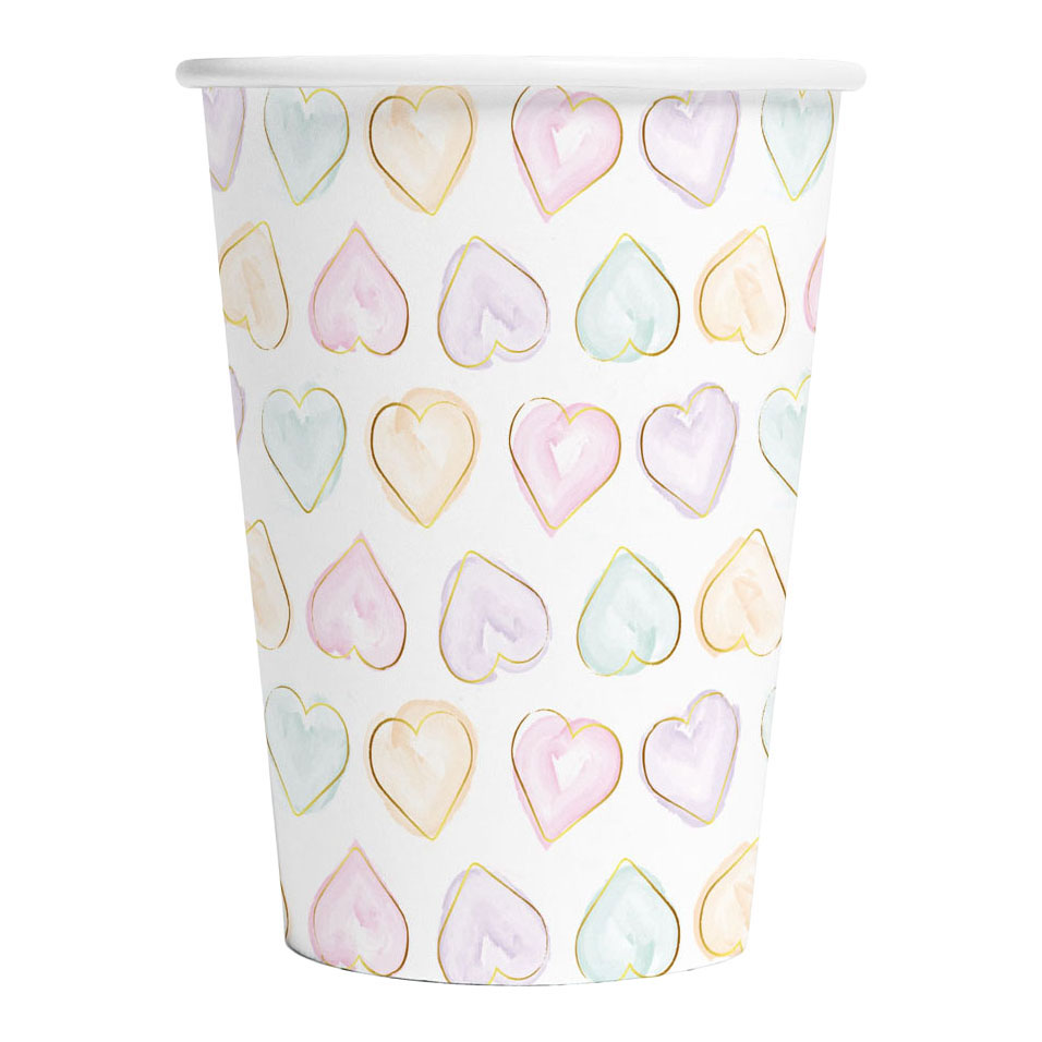 Papieren Bekers 210ml Watercolors Hearts - 8st.
