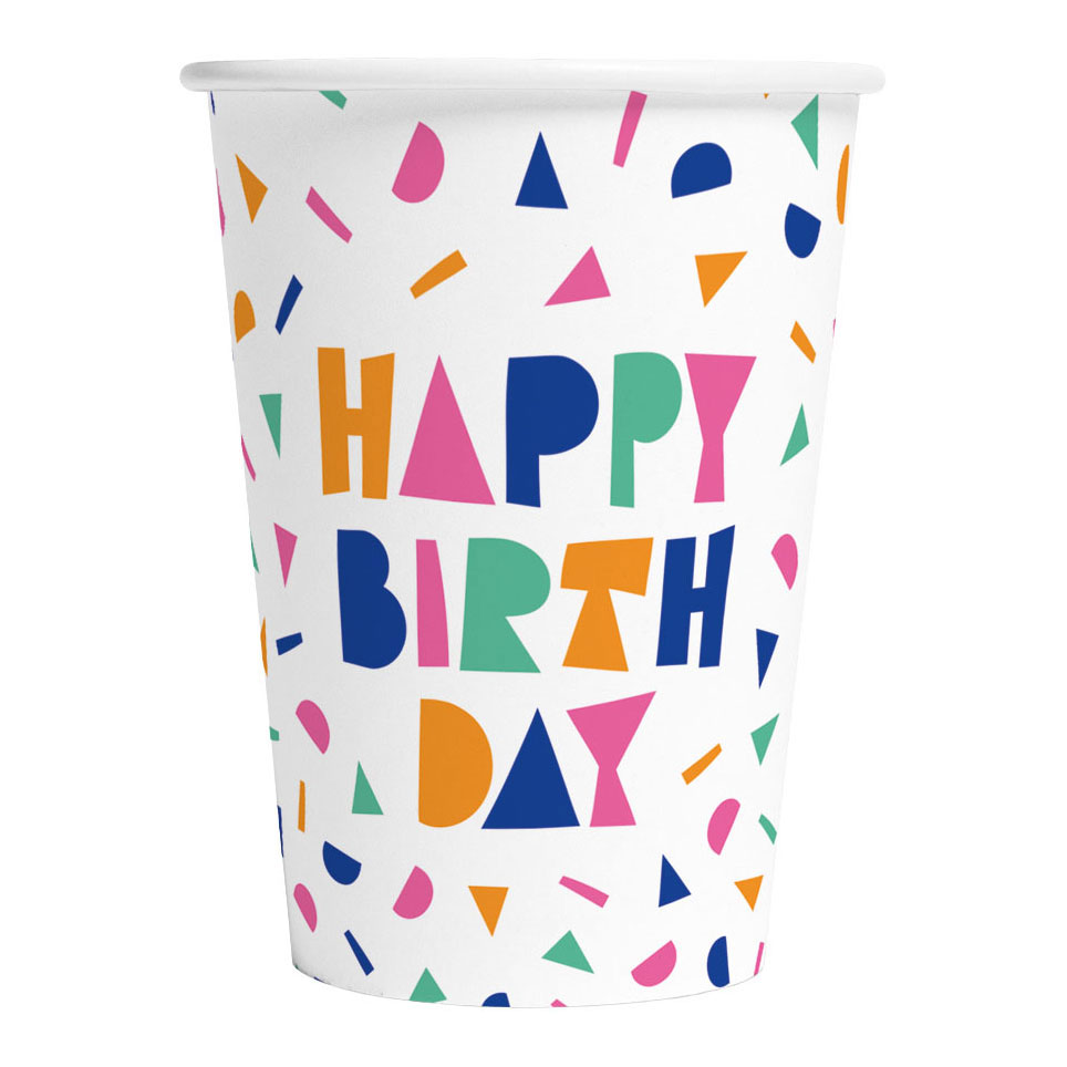 Gobelets en papier Joyeux Anniversaire 210ml - 8 pièces.