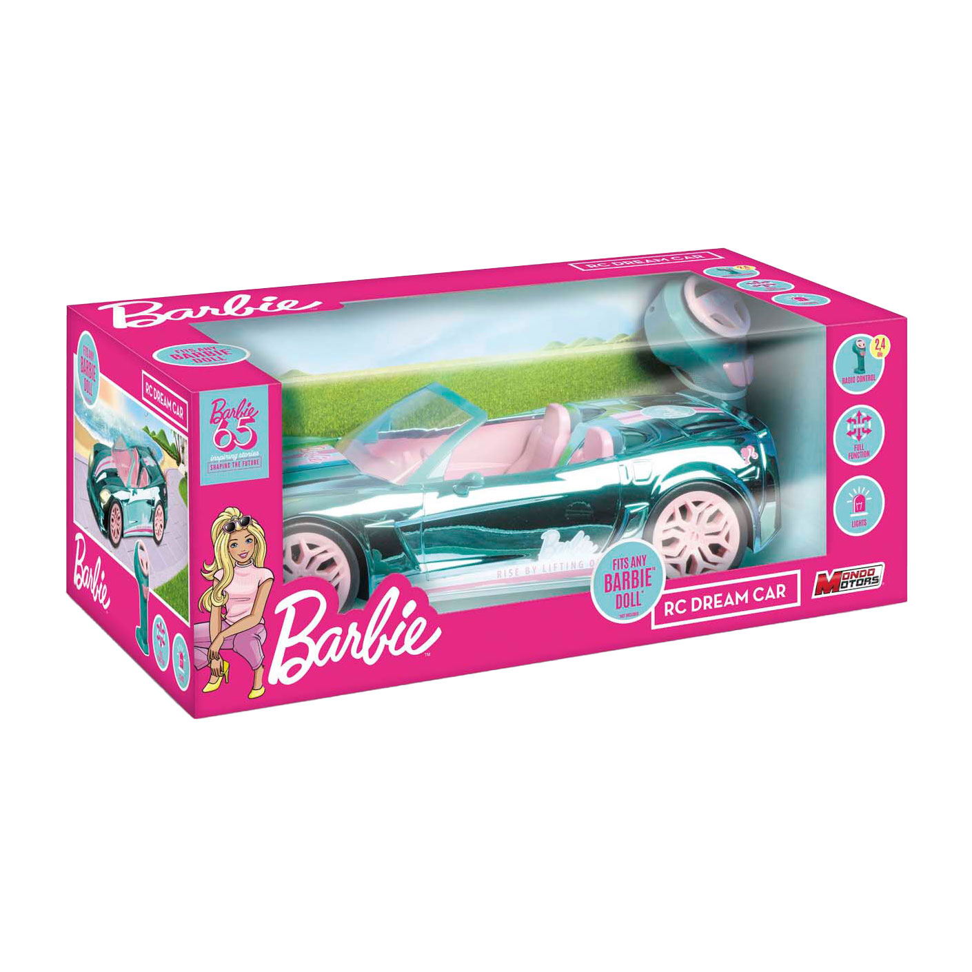 Voiture télécommandée Barbie Mondo Motors - Bleu chromé, édition anniversaire 65 ans