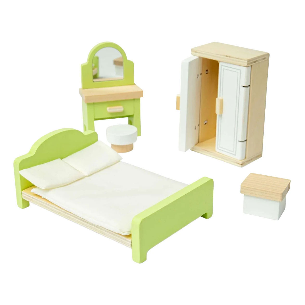Bigjigs Puppenhaus-Schlafzimmermöbel aus Holz – 5-teilig.