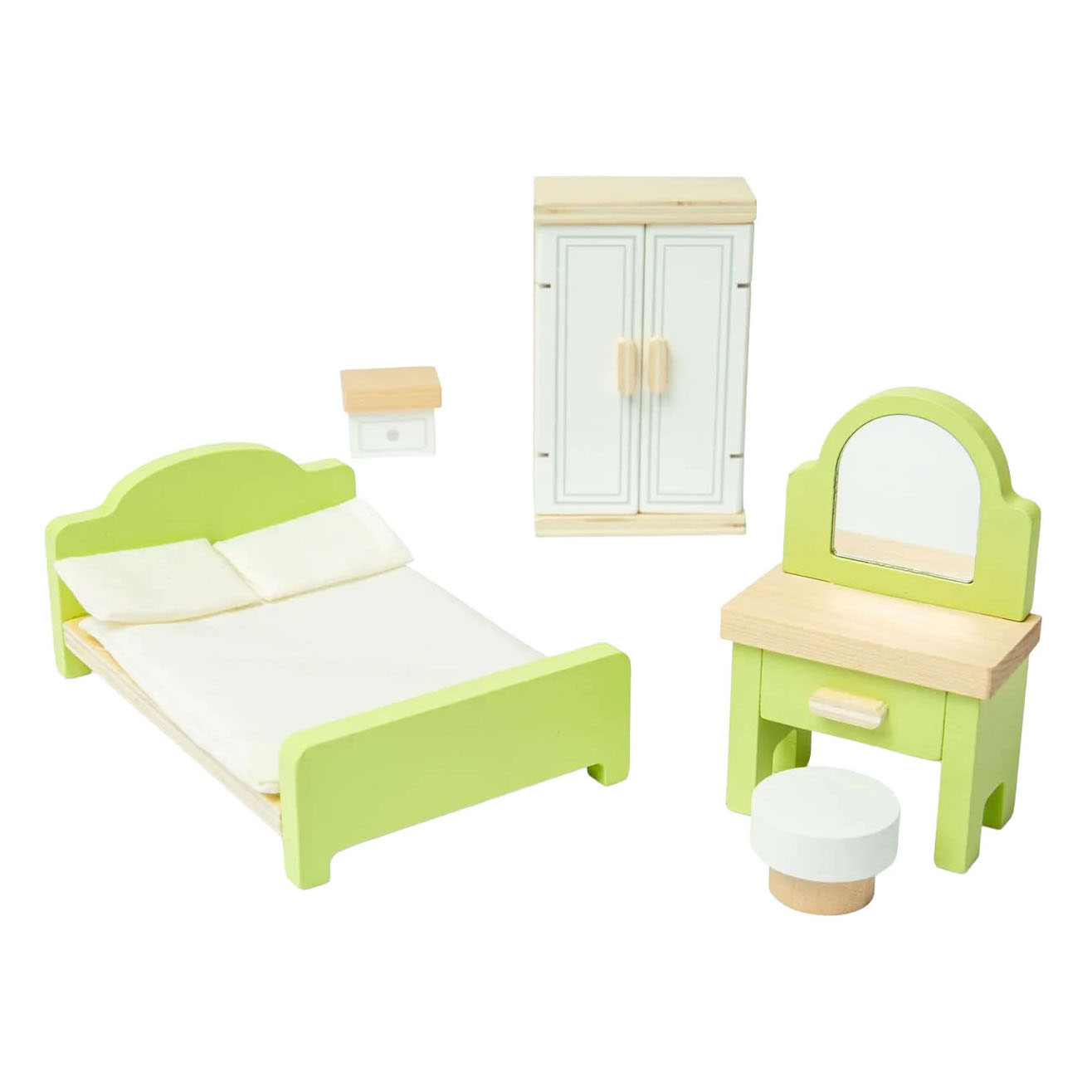 Bigjigs Puppenhaus-Schlafzimmermöbel aus Holz – 5-teilig.