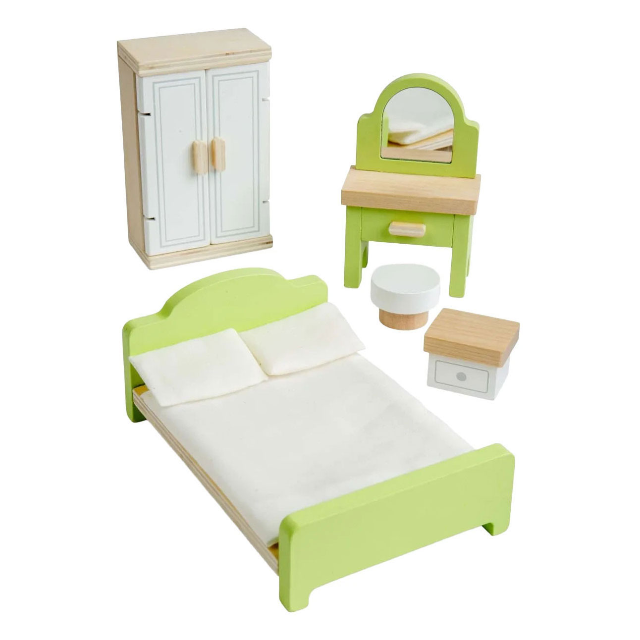Bigjigs Puppenhaus-Schlafzimmermöbel aus Holz – 5-teilig.