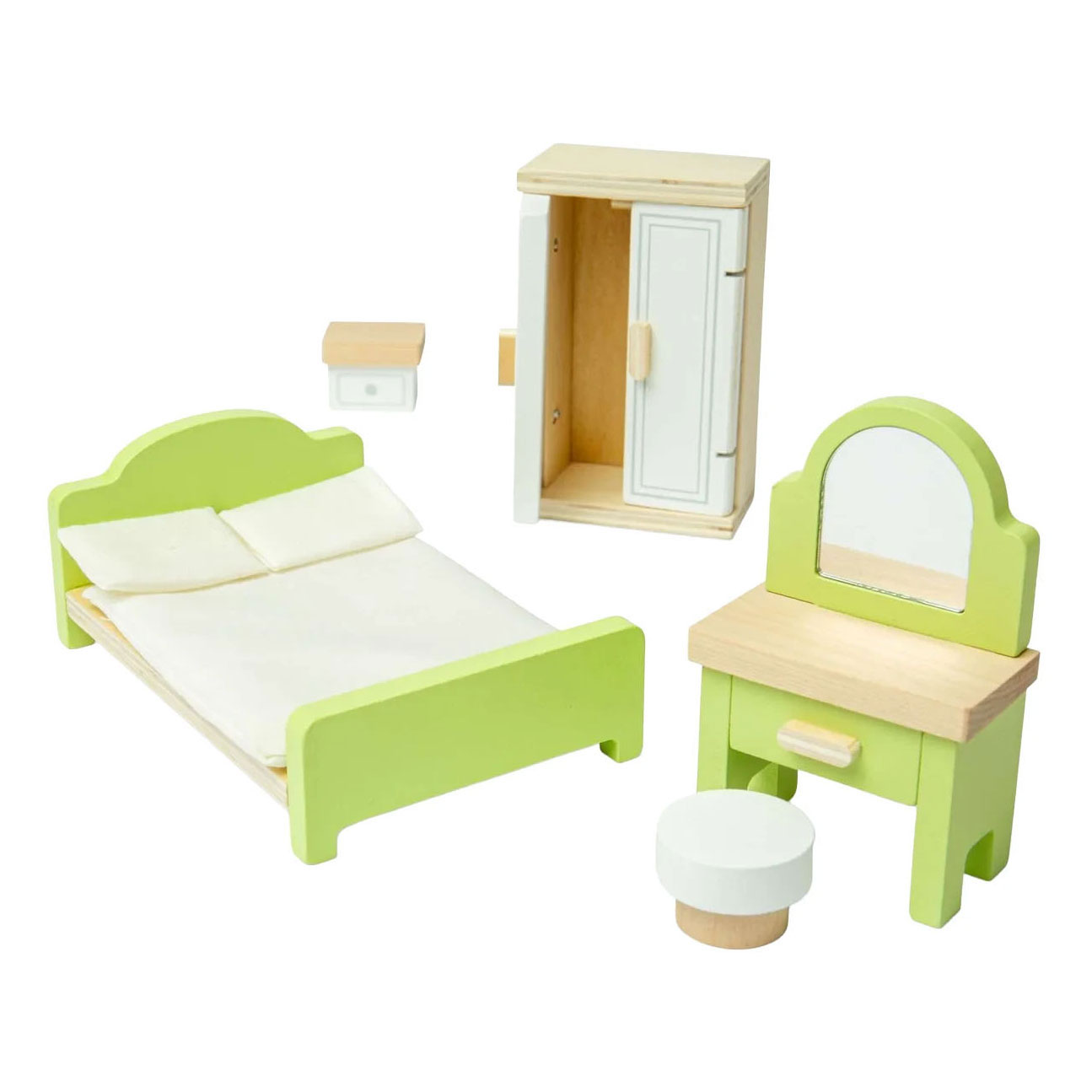 Bigjigs Puppenhaus-Schlafzimmermöbel aus Holz – 5-teilig.