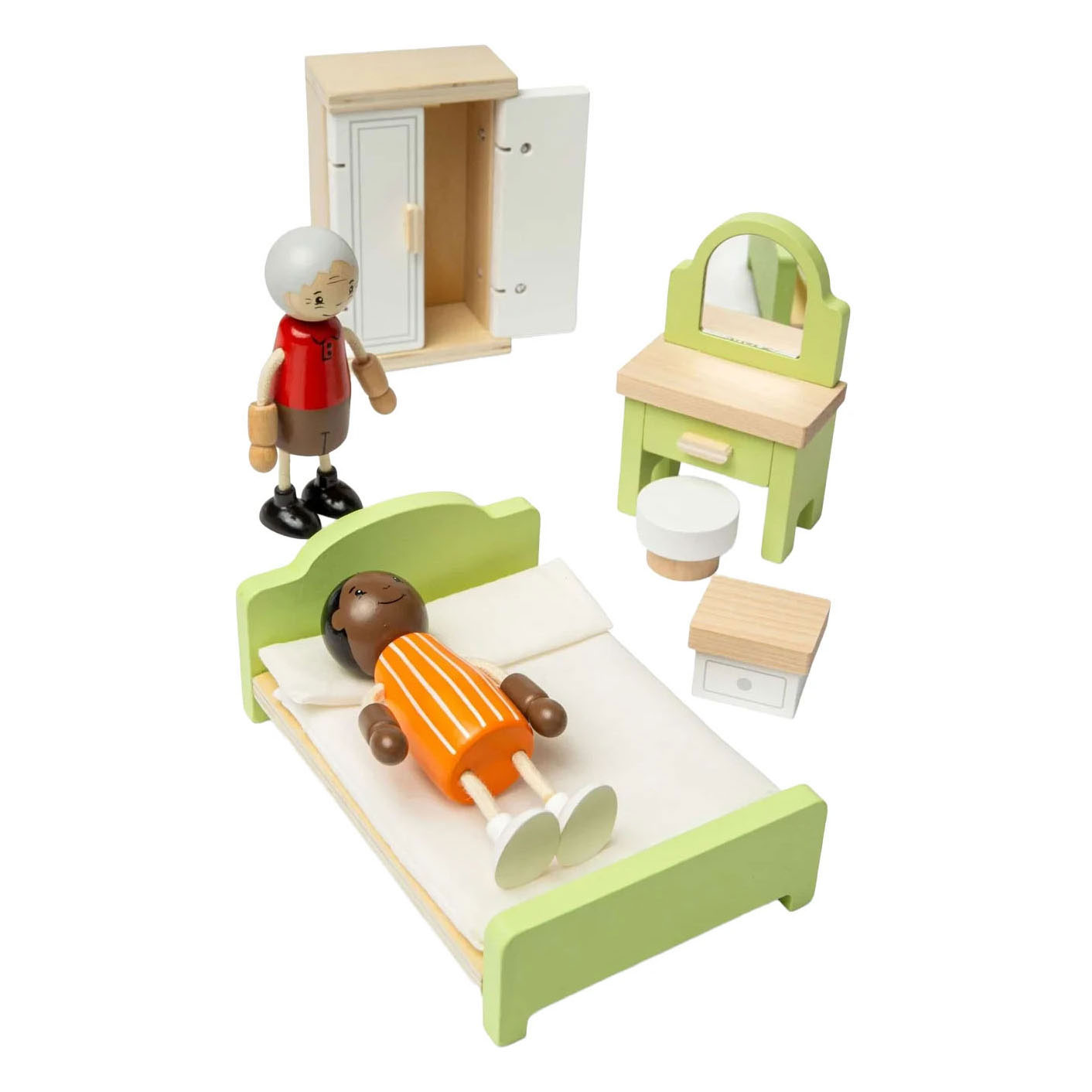 Bigjigs Puppenhaus-Schlafzimmermöbel aus Holz – 5-teilig.