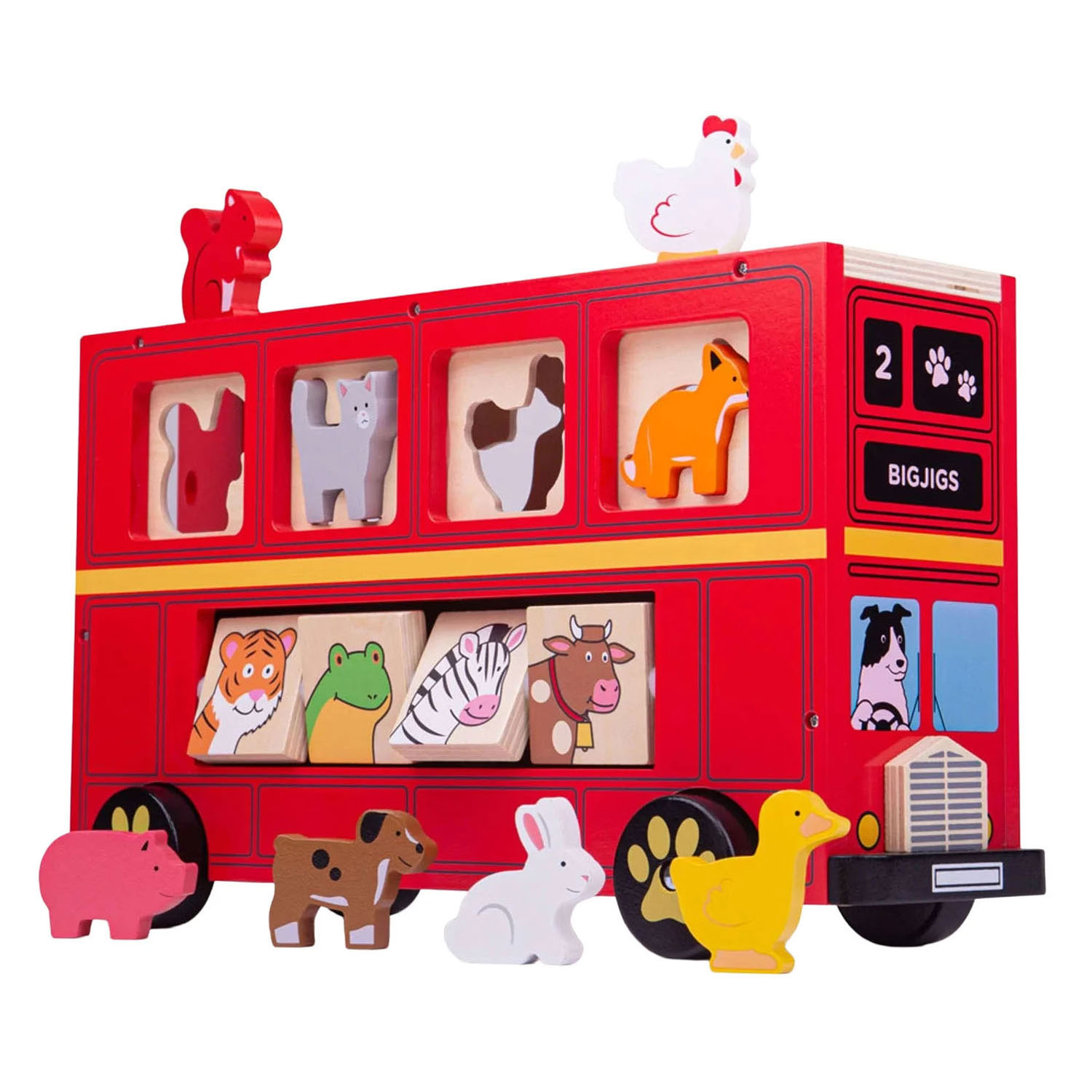 Trieur de formes en bois Bigjigs Bus animal rouge - 21 pièces.