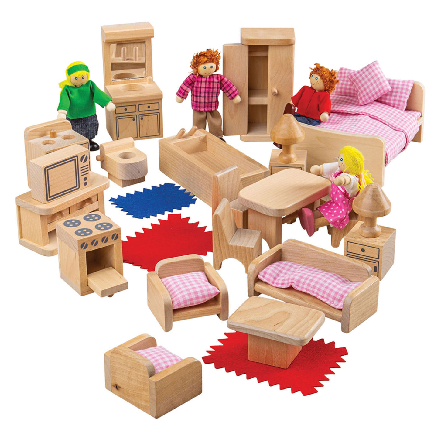 Famille de poupées en bois Bigjigs avec meubles, 26 pièces.
