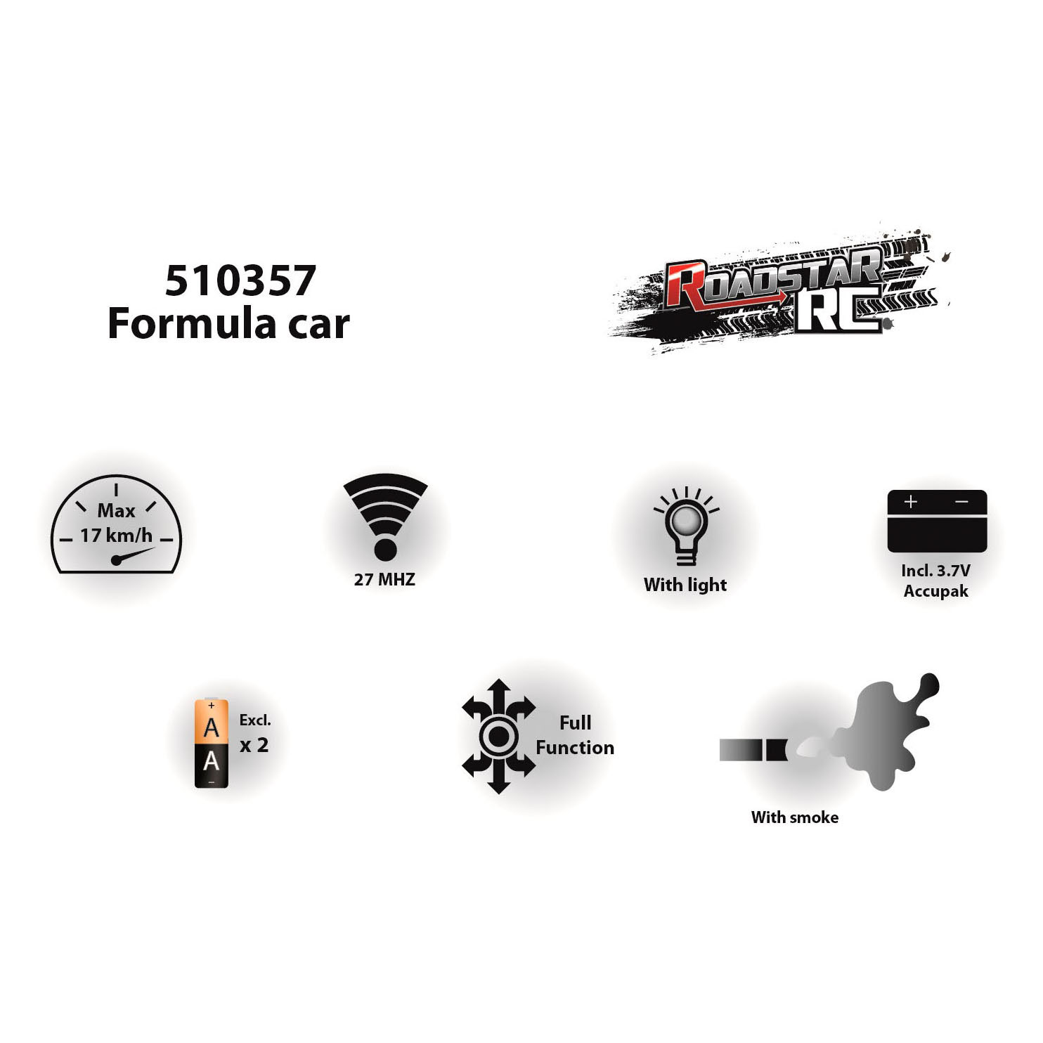 Voiture de course contrôlable Roadstar C Formula avec fumée et lumière 2,4 GHz, 22 cm