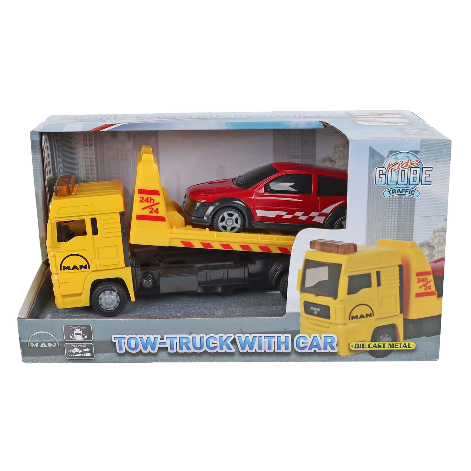 Kids Globe Man Vrachtwagen Bergingswagen met Auto, 19cm