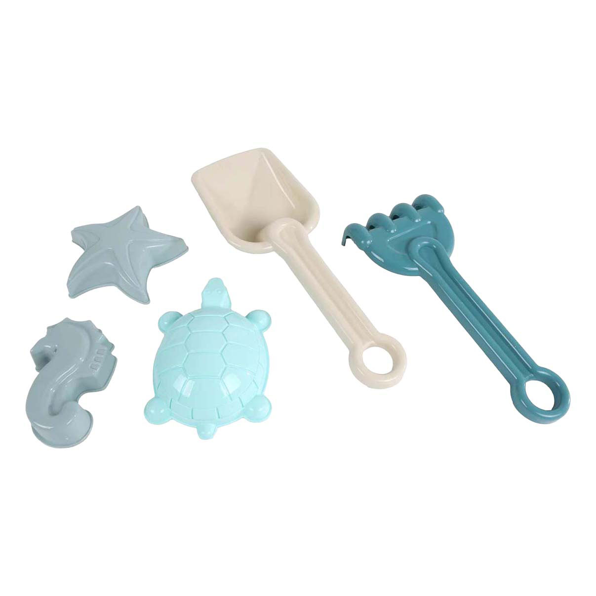 kleiner Spaten mit Rechen und 3 pastellfarbenen Sandformen Junge