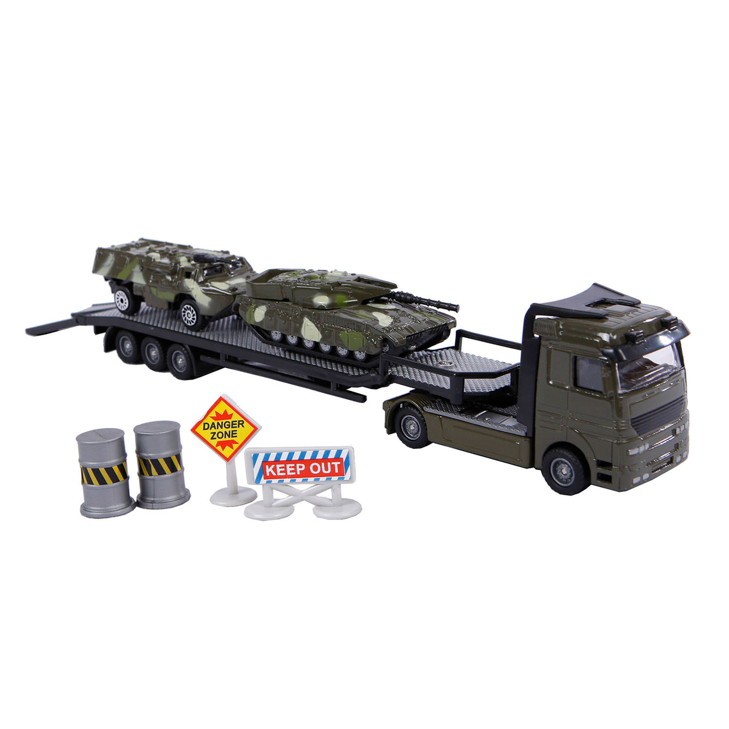 2- Play Druckguss-LKW-Transporter mit Panzern, 24 cm