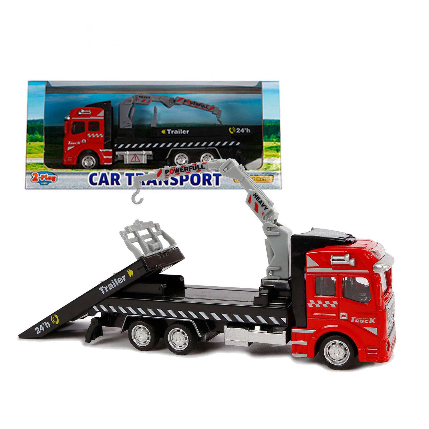 2-Play Die-cast Vrachtwagen Autotransporter met Kraan, 19cm