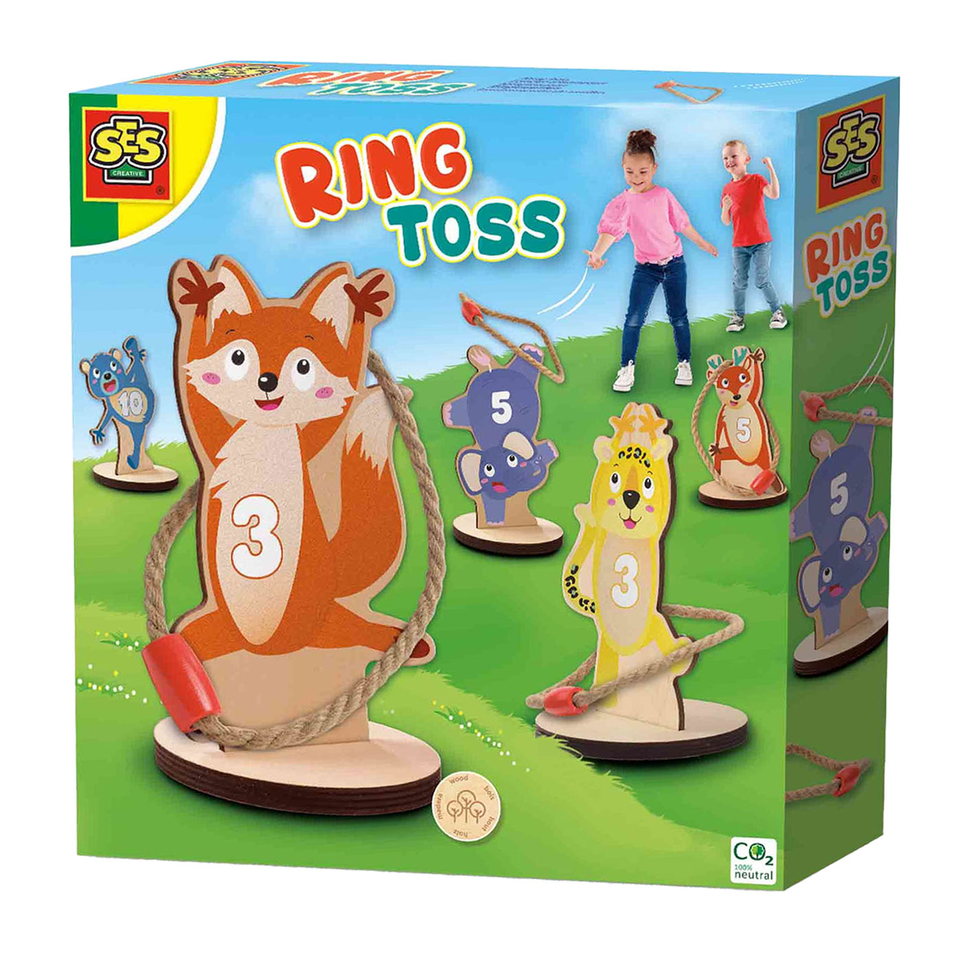 SES - Ringwerpen - 5 houten ringwerp dierenfiguren met 4 stevige touwringen - buiten spelen